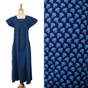 Vintage 70s Blue Bohemian Batik Flower Cotton Maxi Midi Hostess Loungewear Dress